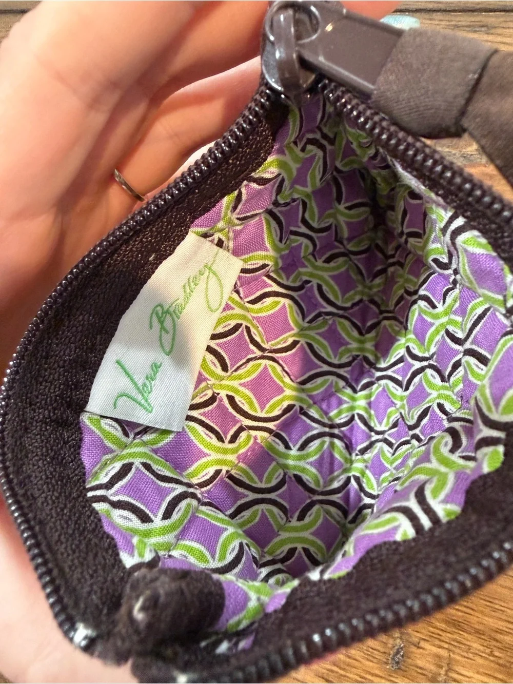 Vera Bradley Quilted Small Zip Coin Pouch in Purple, Green & Brown - Picture 4 of 6